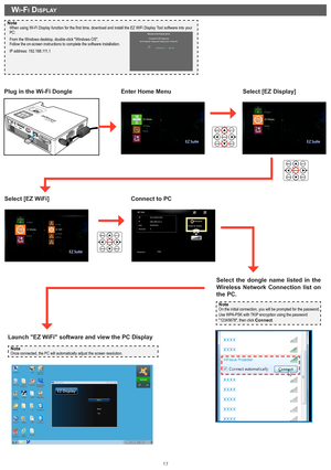 Page 1717
 WI-fI dISpLay
NoteWhen using Wi-Fi Display function for the first time, download and install the EZ WiFi Display  Tool software into your 
PC:
From the Windows desktop, double-click "Windows OS".   
Follow the on-screen instructions to complete the software installation.\
IP
 address: 192.168.111.1
Enter Home Menu
Select [EZ WiFi]Plug in the Wi-Fi Dongle
Launch "EZ WiFi" software and view the PC Display
Select [EZ Display]
Connect to PC
Note
Once connected, the PC will automatically...