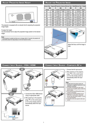 Page 55
1.  Connect the VGA / HDMI device using an appropriate cable.
2.  After powering on the projector, 
press on the control panel 
or  on the remote control to 
automatically switch the input 
source.
adjuSt projected Image heIghtadjuSt the projected Image
The projector is equipped with an elevator foot for adjusting the projec\
ted 
image height.
To adjust the height:
Turn the elevator foot to adjust the projected image position to the desi\
red 
height.
ENTER
Adjust the focus until the image is 
clear....