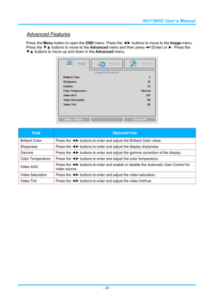 Page 28IN3138HD User’s Manual 
Advanced Features 
Press the Menu button to open the OSD menu. Press the  ◄► buttons to move to the  Image menu. 
Press the ▼▲  buttons to move to the  Advanced menu and then press 
 (Enter) or ►. Press the 
▼▲  buttons to move up and down in the  Advanced menu. 
 
ITEM DESCRIPTION 
Brilliant Color  Press the ◄► buttons to enter and adjus t the Brilliant Color value. 
Sharpness Press the  ◄► buttons to enter and adjust the display sharpness. 
Gamma Press  the ◄►  buttons to enter...