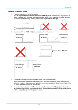 Page 4 
 
  Preface 
Projector Installation Notice 

  Place the projector in a horizontal position 
The tilt angle of the projector should not exceed 15 degrees.  In addition, the projector should 
not be installed in any other way except desktop and ceiling mount positions. Otherwise lamp life 
could decrease dramatically, and may lead to other  unpredictable damage. 
     
   Allow at least 50 cm (16.69 inch) clearance around the exhaust vent. 
  
 
  
 
 
(19.69 inch) (19.69 inch)(19.69 inch)
(3.94...