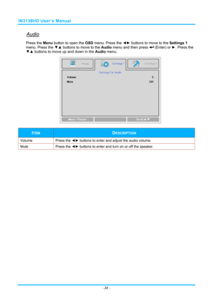 Page 31IN3138HD User’s Manual 
Audio 
Press the Menu button to open the OSD menu. Press the  ◄► buttons to move to the  Settings 1 
menu. Press the  ▼▲ buttons to move to the  Audio menu and then press 
 (Enter) or  ►. Press the 
▼▲  buttons to move up and down in the  Audio menu. 
 
ITEM DESCRIPTION 
Volume Press the ◄►  buttons to enter and adjust the audio volume.  
Mute Press  the ◄►  buttons to enter and turn on or off the speaker. 
 
–24  –  