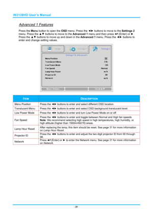 Page 37IN3138HD User’s Manual 
Advanced 1 Features 
Press the Menu button to open the OSD menu. Press the  ◄► buttons to move to the  Settings 2 
menu. Press the  ▲▼ buttons to move to the  Advanced 1 menu and then press 
 (Enter) or ►. 
Press the ▲▼  buttons to move up and down in the  Advanced 1 menu. Press the  ◄► buttons to
 
enter and change setting values. 
 
ITEM DESCRIPTION 
Menu Position  Press the ◄► buttons to enter and select different OSD location. 
Translucent Menu  Press the ◄► buttons to enter...