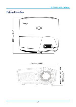 Page 62IN3138HD User’s Manual 
Projector Dimensions 
 
264.1mm [10.40]
285.1mm [11.22]
130.4mm [5.13]122.3mm [4.81]
 
–  55  –  