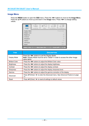 Page 27IN134UST/IN136UST User’s Manual 
Image Menu  
Press the MENU button to open the  OSD menu. Press the  ◄► buttons to move to the  Image Menu. 
Press the ▲▼  buttons to move up and down in the  Image menu. Press  ◄► to change setting 
values. 
 
ITEM DESCRIPTION 
Display Mode 
Press the ◄►  buttons to set the Display Mode.  
Note: Display Mode must be set to Detail  in order to access the other Image 
menu items.
 
Brilliant Color  Press the ◄► buttons to adjust the Brilliant Color value. 
Brightness Press...