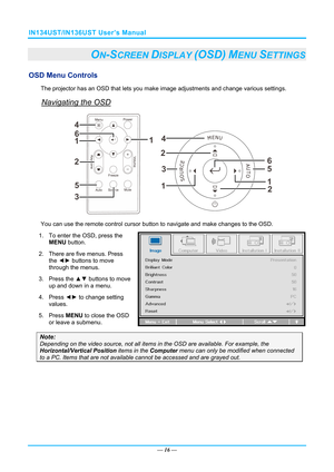 Page 23IN134UST/IN136UST User’s Manual 
— 16 — 
ON-SCREEN DISPLAY (OSD) MENU SETTINGS 
OSD Menu Controls 
The projector has an OSD that lets you ma ke image adjustments and change various settings.  
Navigating the OSD 
2
1
1 2
3
4
1
1
2 4
5
6
5
6
3
 
You can use the remote control cursor button to navigate and make  changes to the OSD.  
1.  To enter the OSD, press the  MENU button.  
2.  There are five menus. Press  the ◄►  buttons to move 
through the menus.  
3. Press the  ▲▼ buttons to move 
up and down in...