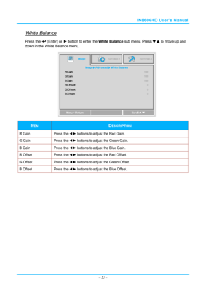 Page 30IN8606HD User’s Manual 
White Balance 
Press the  (Enter) or ► button to enter the  White Balance sub menu. Press  ▼▲ to move up and 
down in the White Balance menu. 
 
ITEM DESCRIPTION 
R Gain  Press the ◄► buttons to adjust the Red Gain. 
G Gain  Press the ◄► buttons to adjust the Green Gain. 
B Gain  Press the ◄► buttons to adjust the Blue Gain.  
R Offset  Press the ◄► buttons to adjust the Red Offset. 
G Offset  Press the ◄► buttons to adjust the Green Offset. 
B Offset  Press the ◄► buttons to...