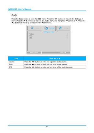 Page 33IN8606HD User’s Manual 
Audio 
Press the Menu button to open the OSD menu. Press the  ◄► buttons to move to the  Settings 1 
menu. Press the  ▼▲ buttons to move to the  Audio menu and then press 
 (Enter) or  ►. Press the 
▼▲  buttons to move up and down in the  Audio menu. 
 
ITEM DESCRIPTION 
Volume Press the ◄►  buttons to enter and adjust the audio volume.  
Mute Press  the ◄►  buttons to enter and turn on or off the speaker. 
SRS Press  the ◄►  buttons to enter and turn on or off the audio surround....