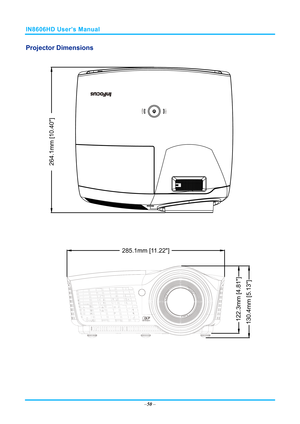 Page 57IN8606HD User’s Manual 
Projector Dimensions 
 
264.1mm [10.40]
285.1mm [11.22]
130.4mm [5.13]122.3mm [4.81]
 
– 50
  –  