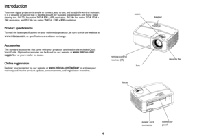 Page 54
Introduction
Your new digital projector is simple to connect, easy to use, and straightforward to maintain. 
It is a versatile projector that is flexible  enough for business presentations and home video 
viewing too. IN122a has native SVGA 800 x 600 resolution, IN124a has native XGA 1024 x 
768 resolution, and IN126a has native WXGA 1280 x 800 resolution.
Product specifications
To read the latest specifications on your multim edia projector, be sure to visit our website at 
www.infocus.com, as...