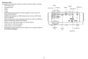 Page 65
Connector panel
The projector provides both computer and video connection options, including:
• VGA computer (2)
• Composite video
•HDMI
•S-video
• USB B connector (for projector firmware upgrades, mouse control and 
S
 creen Saver Preventer)
• USB Mini B (for Display over USB,  loading internal memory and EZ 
 media 
firmware upgrade)
• USB A (View photos, movies, documents and listen to audio from USB drive,  displ
 ay wirelessly with optional WiFi adapter)
• Monitor out, for VGA pass through to an...