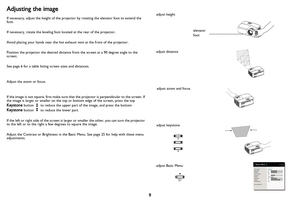 Page 109
Adjusting the image
If necessary, adjust the height of the projector by rotating the elevator foot to extend the 
foot.
If necessary, rotate the leveling foot located at the rear of the projector.
Avoid placing your hands near the hot exhaust vent at the front of the projector.
Position the projector the desired distance from the screen at a 90 degree angle to the 
screen.
See page 6 for a table listing screen sizes and distances.
Adjust the zoom or focus.
If the image is not square, first make sure...