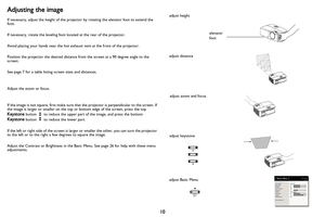 Page 11
10
Adjusting the image
If necessary, adjust the height of the projector by rotating the elevator foot to extend the 
foot.
If necessary, rotate the leveling foot located at the rear of the projector.
Avoid placing your hands near the hot exhaust vent at the front of the projector.
Position the projector the desired distance  from the screen at a 90 degree angle to the 
screen.
See page 7 for a table listing screen sizes and distances.
Adjust the zoom or focus.
If the image is not square, first make sure...