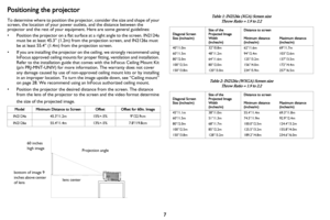 Page 87
Positioning the projector
To determine where to position the projector, consider the size and shape of your 
screen, the location of your power outlets, and the distance between the 
projector and the rest of your equipment. Here are some general guidelines:
• Position the projector on a flat surface at a right angle to the screen. IN2124a 
must be at least 45.3” (1.2m) from the projection screen, and IN2126a must 
be at least 55.4” (1.4m) from the projection screen.
• If you are installing the...