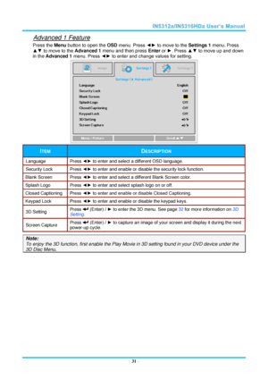 Page 38  – 31 – 
Advanced 1 Feature 
Press the Menu button to open the OSD menu. Press ◄► to move to the Settings 1 menu. Press 
▲▼ to move to the Advanced 1 menu and then press Enter or ►. Press ▲▼ to move up and down 
in the Advanced 1 menu. Press ◄► to enter and change values for setting. 
 
ITEM DESCRIPTION 
Language Press ◄► to enter and select a different OSD language. 
Security Lock  Press ◄► to enter and enable or disable the security lock function. 
Blank Screen Press ◄► to enter and select a different...