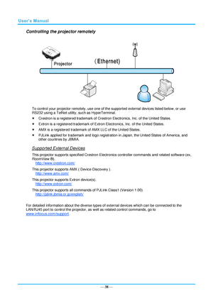 Page 45— 38 — 
Controlling the projector remotely 
 
 
To control your projector remotely, use one of the supported external devices listed below, or use 
RS232 using a TelNet utility, such as HyperTerminal. 
 Crestron is a registered trademark of Crestron Electronics, Inc. of the United States. 
 Extron is a registered trademark of Extron Electronics, Inc. of the United States. 
 AMX is a registered trademark of AMX LLC of the United States. 
 PJLink applied for trademark and logo registration in Japan,...