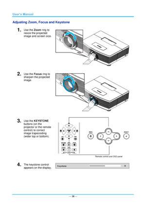 Page 25— 18 — 
Adjusting Zoom, Focus and Keystone 
1.  Use the Zoom ring to 
resize the projected 
image and screen size. 
 
2.  Use the Focus ring to 
sharpen the projected 
image. 
 
3.  Use the KEYSTONE 
buttons (on the 
projector or the remote 
control) to correct 
image trapezoiding 
(wider top or bottom). 
 Remote control and OSD panel 
4.  The keystone control  
appears on the display.      