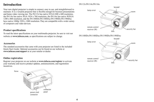 Page 54
Introduction
Your new digital projector is simple to connect, easy to use, and straightforward to 
maintain. It is a versatile  projector that is flexible enough for business presentations 
and home video viewing too. The IN1 12x has native SVGA 800 x 600 resolution, 
the IN114x has native XGA 1024 x 768 reso lution, the IN116x has native WXGA 
1280 x 800 resolution, and the IN118HDx/IN118HDxc/IN119HDx/IN119HDxc 
have native 1080p 1920 x 1080 resolution. They  are compatible with a wide variety 
of...