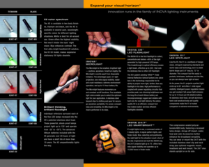 Page 2INOVA X1¨
LED SPOTLIGHT
Like the X5, the X1 is a synthesis of design
vision, stringent engineering standards and
world-class LED technology, but in a sleek
barrel shape just 3.9 long by .72 in
diameter. This compact tool fits easily in
pockets, briefcases, toolboxes and the like,
so you can always have light at hand.
As for power, the X1 projects a perfect light
circle up to 65 and offers 1-mile signal
visibility. Intelligent power regulation means
you get constant, full-power light emission 
for up to...