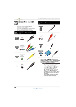 Page 1612
 NS-46D400NA14/NS-50D400NA14 Insignia 46/50" LED TV
www.insigniaproducts.com
What connection should I 
use?
Your TV has several connection types for 
connecting devices to your T V.
For the best video quality, you should connect a 
device to the best available connection.
Use the following tables to identify cables:
You can use the HDMI 3/DVI jack on your TV to 
connect a DVI device to your TV. You need to attach 
an HDMI-to-DVI adapter to the end of the HDMI 
cable that connects to the DVI...