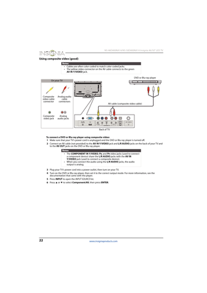 Page 2622
 NS-46D400NA14/NS-50D400NA14 Insignia 46/50" LED TV
www.insigniaproducts.com
Using composite video (good)
To connect a DVD or Blu-ray player using composite video:
1Make sure that your TV’s power cord is unplugged and the DVD or Blu-ray player is turned off.
2Connect an AV cable (not provided) to the AV I N  Y / V ID E O jack and L/R AUDIO jacks on the back of your TV and 
to the AV  O UT jacks on the DVD or Blu-ray player.
3Plug your TV’s power cord into a power outlet, then turn on your TV....