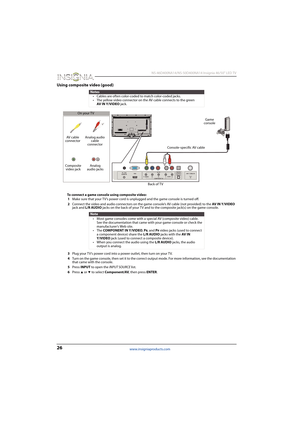 Page 3026
 NS-46D400NA14/NS-50D400NA14 Insignia 46/50" LED TV
www.insigniaproducts.com
Using composite video (good)
To connect a game console using composite video:
1Make sure that your TV’s power cord is unplugged and the game console is turned off.
2Connect the video and audio connectors on the game console’s AV cable (not provided) to the AV I N  Y /V I D EO 
jack and L/R AUDIO jacks on the back of your TV and to the composite jack(s) on the game console.
3Plug your TV’s power cord into a power outlet,...