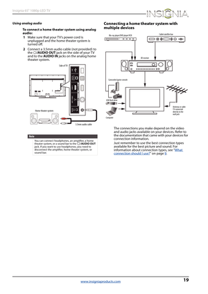 Page 2319
Insignia 65" 1080p LED TV
www.insigniaproducts.com
Using analog audio
To connect a home theater system using analog 
audio:
1Make sure that your T V’s power cord is 
unplugged and the home theater system is 
turned off.
2Connect a 3.5mm audio cable (not provided) to 
the /AUDIO OUT jack on the side of your TV 
and to the AUDIO IN jacks on the analog home 
theater system.Connecting a home theater system with 
multiple devices
The connections you make depend on the video 
and audio jacks available...