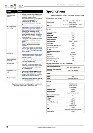 Page 5652
 NS-65D260A13 Insignia 65" 1080p LED TV
www.insigniaproducts.com
Note: If the problem is not solved by using these troubleshooting 
instructions, turn off your TV, then turn it on again.
Specifications
Specifications are subject to change without notice.
Dimensions and weight
Screen
Display resolutions and VGA scan rates
Tu n e r
InputsAfter Auto Channel 
Search, there are no 
channels.• Reception can vary by channel depending on the 
broadcast power level of a given station. Contact 
your cable...