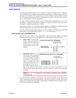 Page 110Page  90
AXXESS System Features
INTER-TEL AXXESS ADMINISTRATOR’S GUIDE – Issue 5.1, March 2000
Hunt Groups
HUNT GROUPS
The Hunt Group feature permits calls to be placed to a group of stations and to be automati-
cally transferred to an available station within the group. Up to 75 hunt groups can be pro-
grammed in the database. Hunt group lists can contain individual stations and/or extension
lists. All stations and extension lists in a hunt group must reside on the same node; off-node
devices are not...