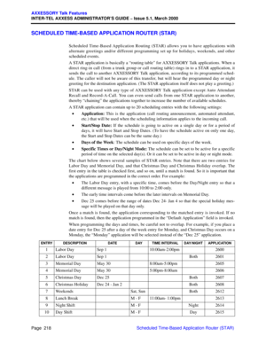Page 238Page  218
AXXESSORY Talk Features
INTER-TEL AXXESS ADMINISTRATOR’S GUIDE – Issue 5.1, March 2000
Scheduled Time-Based Application Router (STAR)
SCHEDULED TIME-BASED APPLICATION ROUTER (STAR)
Scheduled Time-Based Application Routing (STAR) allows you to have applications with
alternate greetings and/or different programming set up for holidays, weekends, and other
scheduled events.
A STAR application is basically a “routing table” for AXXESSORY Talk applications. When a
direct ring-in call (from a trunk...