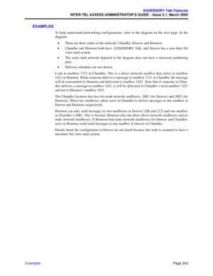 Page 263Page 243
AXXESSORY Talk Features
INTER-TEL AXXESS ADMINISTRATOR’S GUIDE – Issue 5.1, March 2000
Examples
EXAMPLES
To help understand networking configurations, refer to the diagram on the next page. In the
diagram:
•There are three nodes in the network, Chandler, Denver, and Houston. 
•Chandler and Houston both have AXXESSORY Talk, and Denver has a non-Inter-Tel
voice mail system. 
•The voice mail network depicted in the diagram does not have a universal numbering
plan. 
•Delivery schedules are not...