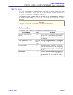 Page 99Page 79
AXXESS System Features
INTER-TEL AXXESS ADMINISTRATOR’S GUIDE – Issue 5.1, March 2000
Feature Codes
FEATURE CODES
Each of the station features is assigned a feature code. Using the station’s keypad, these codes
are entered to select trunks, process calls, and use special features. Complete explanations of
the features and instructions for using them begin below.
The codes shown on the following pages are the values that are assigned when the system is in
the default state. If desired, they can be...
