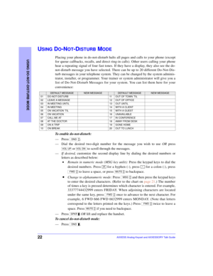 Page 2622
USING DO-NOT-DISTURB MODE
AXXESS Analog Keyset and AXXESSORY Talk Guide
USING DO-NOT-DISTURB MODE
Placing your phone in do-not-disturb halts all pages and calls to your phone (except
for queue callbacks, recalls, and direct ring-in calls). Other users calling your phone
hear a repeating signal of four fast tones. If they have a display, they also see the do-
not-disturb message you have selected. There can be up to 20 different Do-Not-Dis-
turb messages in your telephone system. They can be changed by...