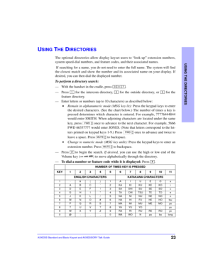 Page 27USING THE DIRECTORIES
23AXXESS Standard and Basic Keyset and AXXESSORY Talk Guide
USING THE DIRECTORIES
The optional directories allow display keyset users to “look up” extension numbers,
system speed-dial numbers, and feature codes, and their associated names.
 If searching for a name, you do not need to enter the full name. The system will find
the closest match and show the number and its associated name on your display. If
desired, you can then dial the displayed number.
To perform a directory...