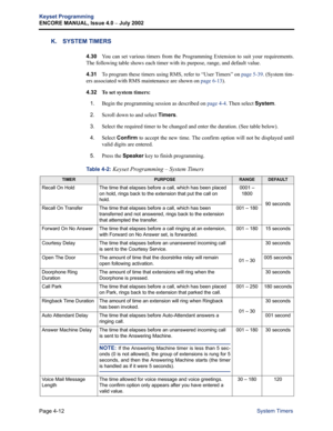 Page 128Page 4-12
Keyset Programming
ENCORE MANUAL, Issue 4.0 
– July 2002
System Timers
K. SYSTEM TIMERS
4.30You can set various timers from the Programming Extension to suit your requirements.
The following table shows each timer with its purpose, range, and default value. 
4.31To program these timers using RMS, refer to “User Timers” on page 5-39. (System tim-
ers associated with RMS maintenance are shown on page 6-13). 
4.32 
To set system timers:
1.
Begin the programming session as described on page 4-4....