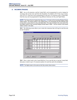 Page 184Page 5-28
RMS Programming
ENCORE MANUAL, Issue 4.0 
– July 2002
Incoming Ringing
A. INCOMING RINGING
10.2Any or all extensions, and the Central Bell, can be programmed to receive ringing for
incoming calls on the Lines and from the Doorphone. By default, all CO lines ring at exten-
sions 20 to 25. Each line can be programmed to ring up to 18 extensions and a Central Bell.
Each line may also be programmed to ring different extensions for Day and Night Modes.
NOTE: The Group Divert to System Box flag (page...