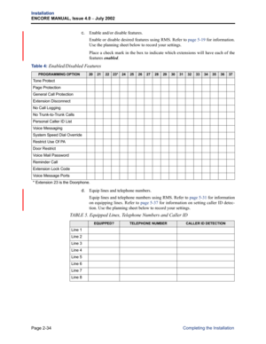 Page 64Page 2-34
Installation
ENCORE MANUAL, Issue 4.0 – July 2002
Completing the Installation c.Enable and/or disable features.
Enable or disable desired features using RMS. Refer to page 5-19 for information.
Use the planning sheet below to record your settings. 
Place a check mark in the box to indicate which extensions will have each of the
features enabled. 
d.Equip lines and telephone numbers.
Equip lines and telephone numbers using RMS. Refer to page 5-31 for information
on equipping lines. Refer to page...