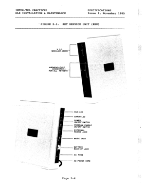 Page 17INTER-TEL PRACTICES SPECIFICATIONS 
GLX INSTALLATION & MAINTENANCE Issue 1, November 1985 
e FIGURE 2-1. KEY SERVICE UNIT (KSU) 
3 C.O. 
MODULAR JACKS 
AMPHENOL-TYPE 
CONNECTOR - 
FOR ALL KEYSETS 
----2___ 
: 
;-. 
-. 
RUN LED 
ERROR LED 
POWER 
ON/OFF SWITCH 
PROGRAM ENABLE 
__. .--- 
UN/OFF SWITCH 
EXTERNAL 
PAGING JACK 
MUSIC JACK 
BATTERY 
BACK-UP JACK 
AC FUSE 
AC POWER CORD 
Page 2-4  