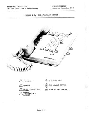 Page 24INTER-TEL PRACTICES SPECIFICATIONS 
GLX INSTALLATION & MAINTENANCE Issue 1, November 1985 
 FIGURE 2-5. GLX STANDARD KEYSET 
A I 
A 2 
/ 3 
D 4 6 C.O. 
LINES 
SPEAKER 
12- KEY PUSH BUTTON 
KEYPAD 
HEARING 
AID - COMPATiBLE 
HANDSET 6 FEATURE KEYS 
RING VOLUME CONTROL 
A 7 VOICE VOLUME CONTROL 
Page 
2-11  