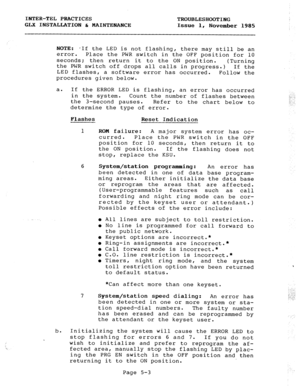 Page 65INTER-TEL PRACTICES 
TROUBLESHOOTING 
GLX INSTALLATION h MAINTENANCE 
Issue 1, 
November 1985 
NOTE: 
*If the LED is not flashing, there may still be an 
error. Place the PWR switch in the OFF position for 10 
seconds; then return it to the ON position. 
the PWR switch off drops all calls in progress.) (Turning 
If the 
LED flashes, a software error has occurred. 
Follow the 
procedures given below. 
a. If the ERROR LED is flashing, 
an error has occurred 
in the system. Count the number of flashes...