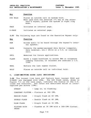 Page 89INTER-TEL PRACTICES FEATURES 
GLX INSTALLATION 61 MAINTENANCE Issue 1, November 1985 
Key Function 
SYS HOLD Places an outside call on system hold. 
When used with the asterisk (*) key at the atten- 
dants keyset, places the system in night ring 
mode. 
PAGE Initiates an internal page. 
E-PAGE Initiates an external page. 
3.05 The following keys are found on the Executive Keyset only: 
Key 
BGM Function 
Allows music to be heard through the keysets inter- 
nal speaker. 
DATA Connects the modem-equipped...