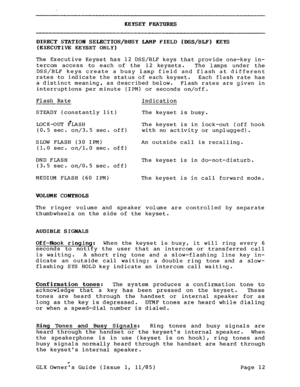 Page 21KEYSET FEATURES 
DIRECT STATION SELECTION/BUSY LAMP FIELD (DSS/BLF) KEYS 
(EXECUTIVE KEYSET ONLY) 
The Executive Keyset has 12 DSS/BLF keys that provide one-key in- 
tercom access to each of the 12 keysets. The lamps under the 
DSS/BLF keys create a busy lamp field and flash at different 
rates to indicate the status of each keyset. Each flash rate has 
a distinct meaning, as described below. Flash rates are given in 
interruptions per minute (IPM) or seconds on/off. 
Flash Rate Indication 
STEADY...