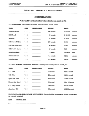 Page 107PROGRAMMING 
Issue 2, June 1993 INTER-TEL PRACTICES 
GLX-PLUS INSTALLATION & MAINTENANCE 
FIGURE 5-l. PROGRAM PLANNING SHEETS 
SYSTEM FEATURES 
Performed from the attendant’s keyset (intercom number 10). 
SYSTEM TIMERS: Enter numbers in seconds. If the timer is not desired, enter 0. 
Attendant Recall 
Hold Recall 
Inactivity 
Call Fwd to PN Dur. 
Call Fwd to PN Warn 
Call Fwd No Answer 
Make/break Ratio 
Pulse-dial Speed 
Pulse Interdigit 
m 
*11 
*12 
*13 
*14 
*15 
*16 
*31 
*32 
*33 180 seconds...