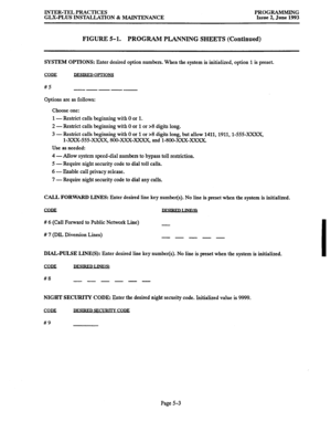 Page 108INTER-TEL PRACTICES 
GLX-PLUS INSTALLATION % MAINTENANCE PROGRAMMING 
Issue 2, June 1993 
FIGURE 5-1. PROGRAM PLANNING SHEETS (Continued) 
SYSTEM OPTIONS: Enter desired option numbers. When the system is initialized, option 1 is preset. 
#5 
----- 
Options are as follows: 
Choose one: 
1 - Restrict calls beginning with 0 or 1. 
2 - Restrict calls beginning with 0 or 1 or >8 digits long. 
3 - Restrict calls beginning with 0 or 1 or ~8 digits long, but allow 1411, 1911, 1-555-xXxX, 
l-XXX-555-XXXX,...