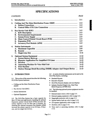 Page 13INTER-TEL PRACTICES SPECIFICATIONS 
GLX-PLUS INSTALLATION & MAINTENANCE Issue 2, June 1993 
1. 
2. 
3. 
4. 
5. Introduction ......................................................... 
Cabling And The Main Distribution Frame (MDF) ........................ 
A. Station Connections ............................................... 
B. Central Office (CO) Line Connections ............................... 
Key Service Unit (KSU) ............................................... 
A. KSU Description...