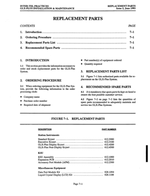 Page 140INTER-TEL PRACTICES REPLACEMENT PARTS 
GLX-PLUS INSTALLATION & MAINTENANCE Issue 2, June F993 
REPLACEMENT PARTS 
CONTENTS PAGE 
1. Introduction . . . . . . . . . . . . . . . . . . . . . . . . . . . . . . . . . . . . . . . . . . . . . . . . . . . . . . . . . 7-l 
2. Ordering Procedure . . . . . . . . . . . . . . . . . . . . . . . . . . . . . . . . . . . . . . . . . . . . . . . . . . 7-l 
3. Replacement Parts List . . . . . . . . . . . . . . . . . . . . . . . . . . . . . . . . . . . . . . . . . . ..h.....