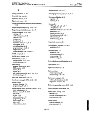 Page 146INTER-TEL PRACTICES 
GLX-PLUS INSTALLATION & MAINTENANCE INDEX 
Issue 2. June 1993 
S 
Safety regulations, ix, 3-4 
Selectable ring tone, 4-8 
Signalling devices, 2-10 
Signals and tones, 4-14 
Single-line maximum/minimum hookflash timer, 
5-15 
Single-line port dB padding, 4-12,5-15 
Single-line port initialization, 5-6, 5-7 
Single-line station, 2-11, 4-12 
cabling, 3-5 
call waiting tones, 4-12 
capacity, 2-9 
features, l-3 
hookflash, 4-16 
hookflash timers, 4-12,5-15 
installation, 3-31 
port dB...