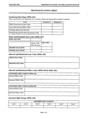 Page 154JANUARY 1996 ADDENDUM TO ISSUE 2 OF THE GLX-PLUS MANUAL 
PROGRAM PLANNING SHEET 
Numbering Plan Flags (SPDL 031) 
Place a check mark in the appropriate box to indicate whether the flag should be enabled or disabled. 
FLAG ENABLED (1) 
DISABLED (2) 
Office Codes Used As Area Codes 
Area Codes Used As Office Codes 
Toll Digit Allowed On Toll Calls 
Toll Digit Required On Toll Long Distance Calls 
Home And Extended Area Codes (SPDL 032) 
Home Area Code 
1 LOCAL (*) OR I- Cy 
Extended Area Code #l 
NON-LOCAL...