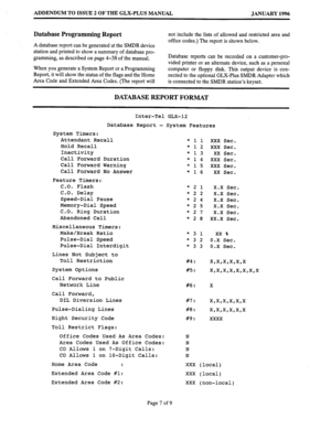 Page 155ADDENDUM TO ISSUE 2 OF THE GLX-PLUS MANUAL JANUARY 1996 
Database Programming Report 
A database report can be generated at the SMDR device 
station and printed to show a summary of database pro- 
gramming, as described on page 4-38 of the manual. not include the lists of allowed and restricted area and 
office codes.) The report is shown below. 
Database reports can be recorded on a customer-pro- 
vided printer or an alternate device, such as a personal 
When you generate a System Report or a...