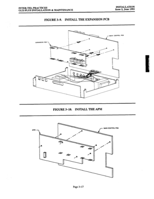 Page 45INTER-TEL PRACTICES 
GLX-PLUS INSTALLATION & MAINTENANCE INSTALLATION 
Issue 2, June 1993 
FIGURE 3-9. INSTALL THE EXPANSION PCB 
c -- @iv’ 
EXPANSION PCS 
FIGURE 3-10. INSTALL THE APM 
MAIN CONTROL PCB 
Page 3-17  
