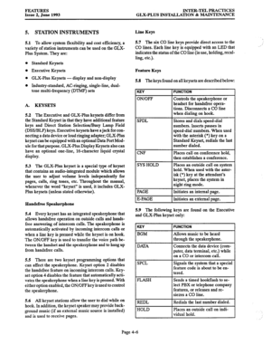 Page 67FEATURES 
Issue 2, June 1993 INTER-TEL PRACTICES 
GLX-PLUS INSTALLATION & MAINTENANCE 
5. STATION INSTRUMENTS 
5.1 To allow system flexibility and cost efficiency, a 
variety 
of station instruments can be used on the GLX- 
Plus System. They are: 
l Standard Keyseta 
l Executive Keysets 
l GLX-Plus Keysets - display and non-display 
l Industry-standard, AC-ringing, single-line, dual- 
tone multi-frequency (DTMF) sets 
A. KEYSETS 
5.2 The Executive and GLX-Plus keysets differ from 
the Standard Keyset in...